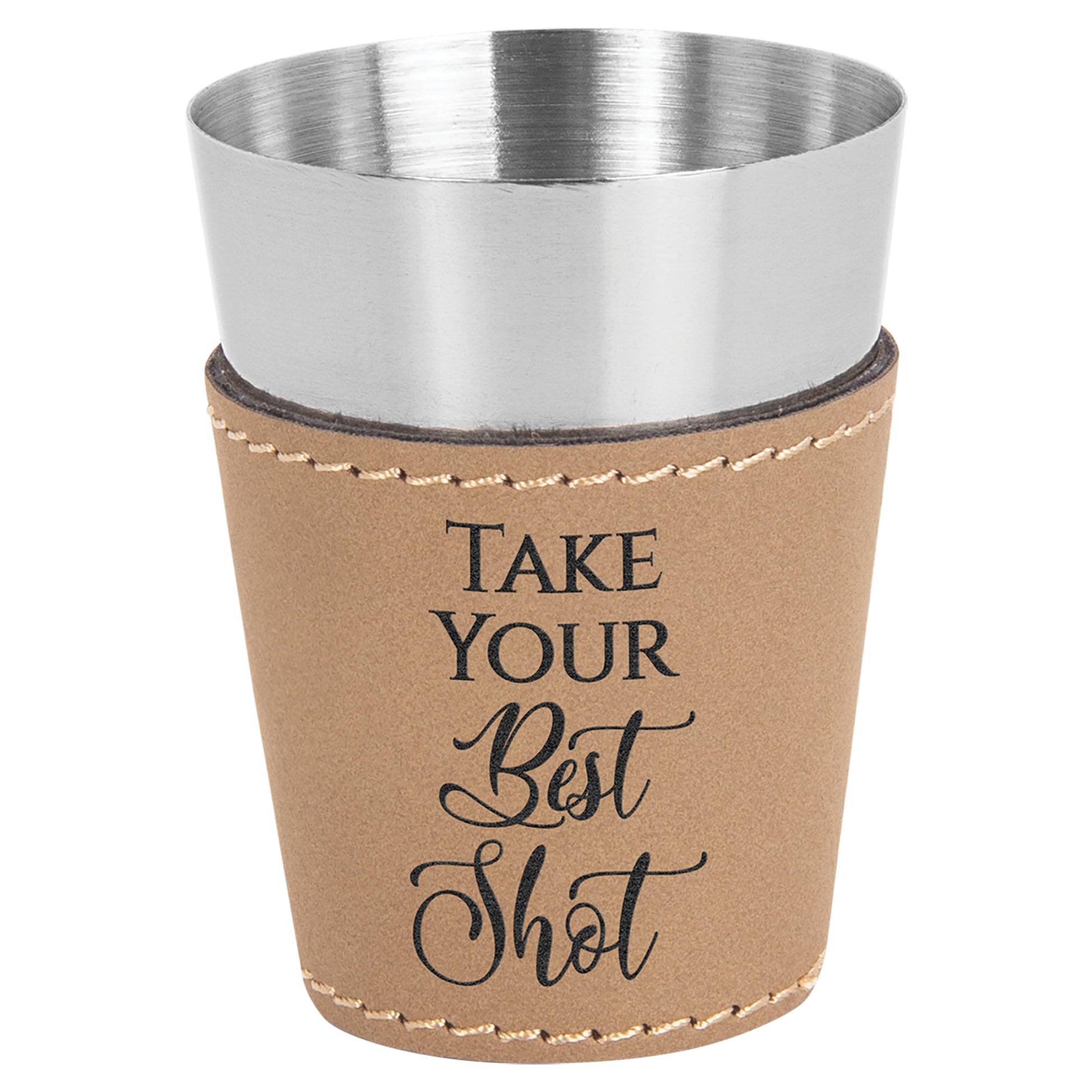  Personalized Laser Engraved 2 oz. Light Brown Leatherette & Stainless Steel Shot Glass