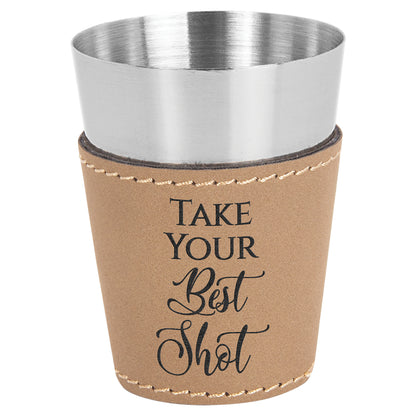  Personalized Laser Engraved 2 oz. Light Brown Leatherette & Stainless Steel Shot Glass