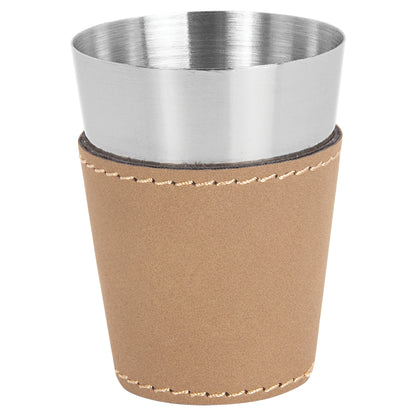 Personalized Laser Engraved  Light Brown 2 oz. Leatherette Wrapped Stainless Steel Shot Glass