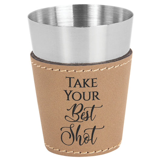 Personalized Laser Engraved 2 oz. Light Brown  Leatherette & Stainless Steel Shot Glass