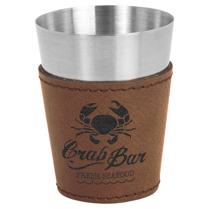  Personalized Laser Engraved 2 oz. Dark Brown Leatherette & Stainless Steel Shot Glass