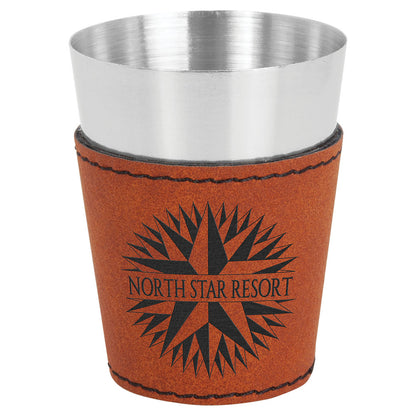 Personalized Laser Engraved 2 oz. Rawhide  Leatherette & Stainless Steel Shot Glass