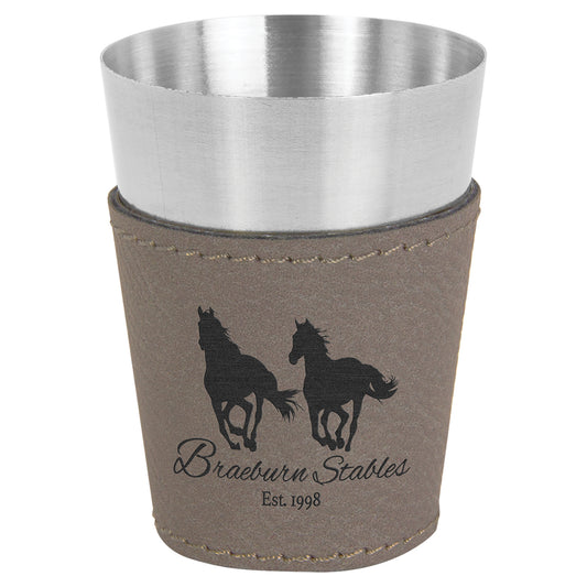  Personalized Laser Engraved 2 oz. Gray Leatherette & Stainless Steel Shot Glass