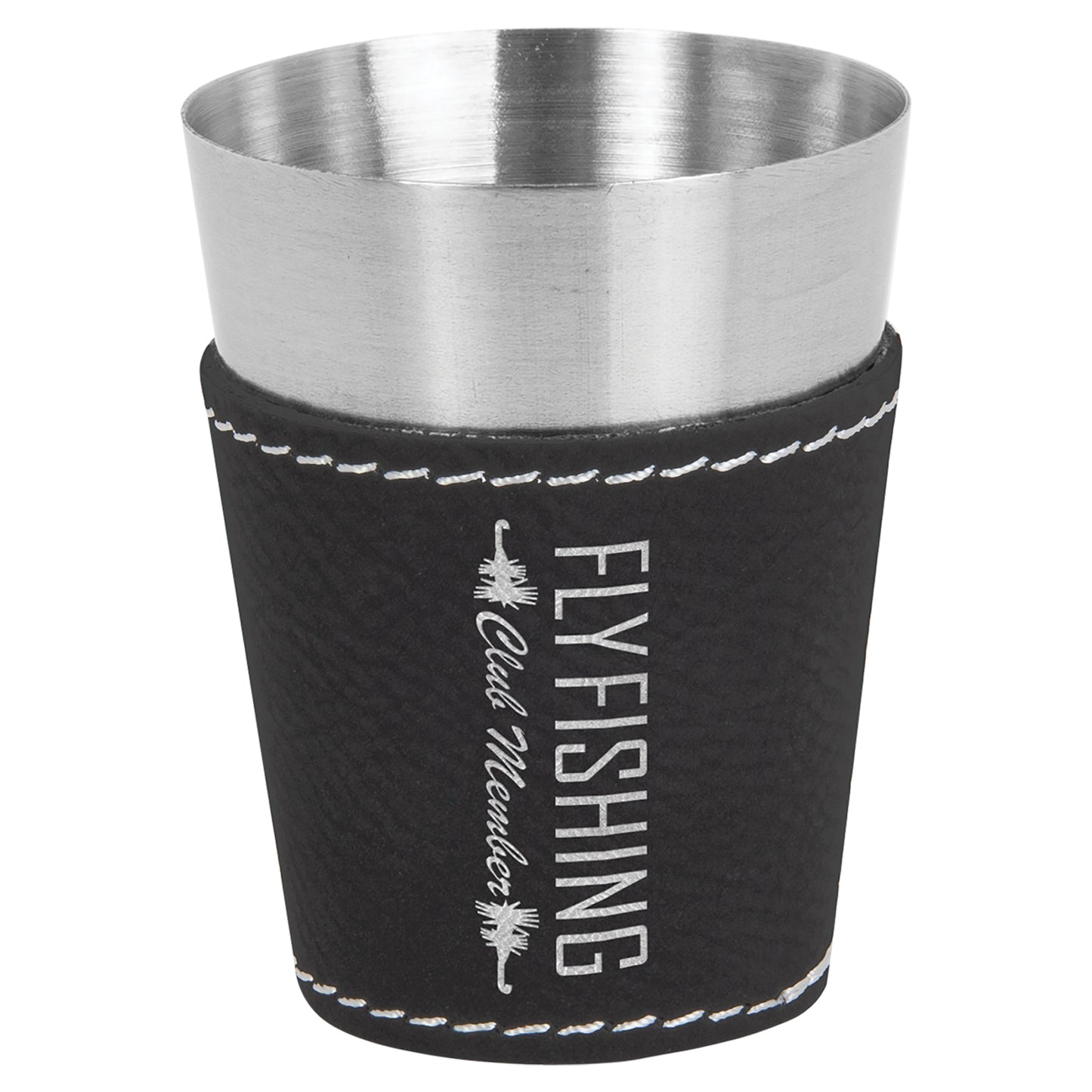 Personalized Laser Engraved  Black/Silver 2 oz. Leatherette Wrapped Stainless Steel Shot Glass