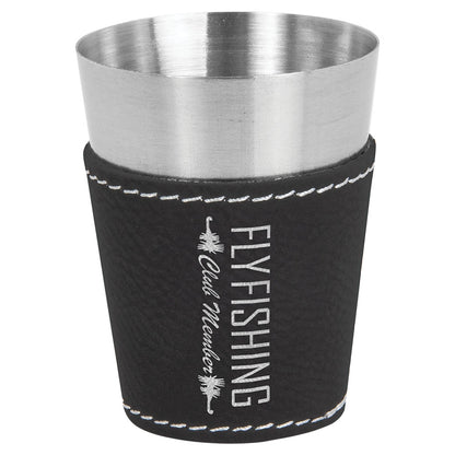 Personalized Laser Engraved 2 oz. Black/Silver  Leatherette & Stainless Steel Shot Glass