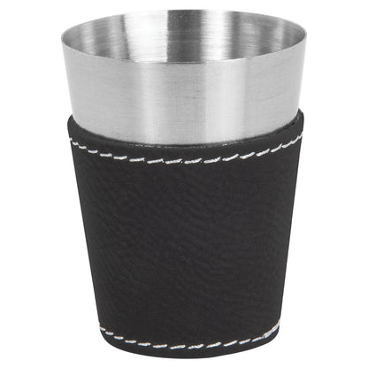 Personalized Laser Engraved  Black/Silver 2 oz. Leatherette Wrapped Stainless Steel Shot Glass