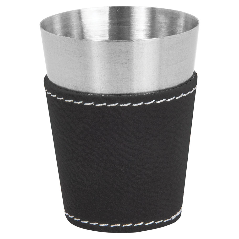 Personalized Laser Engraved 2 oz. Black/Silver  Leatherette & Stainless Steel Shot Glass