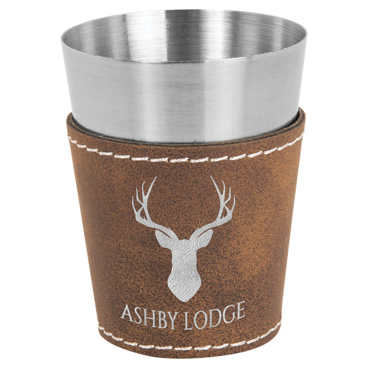  Personalized Laser Engraved 2 oz. Rustic/Silver Leatherette & Stainless Steel Shot Glass