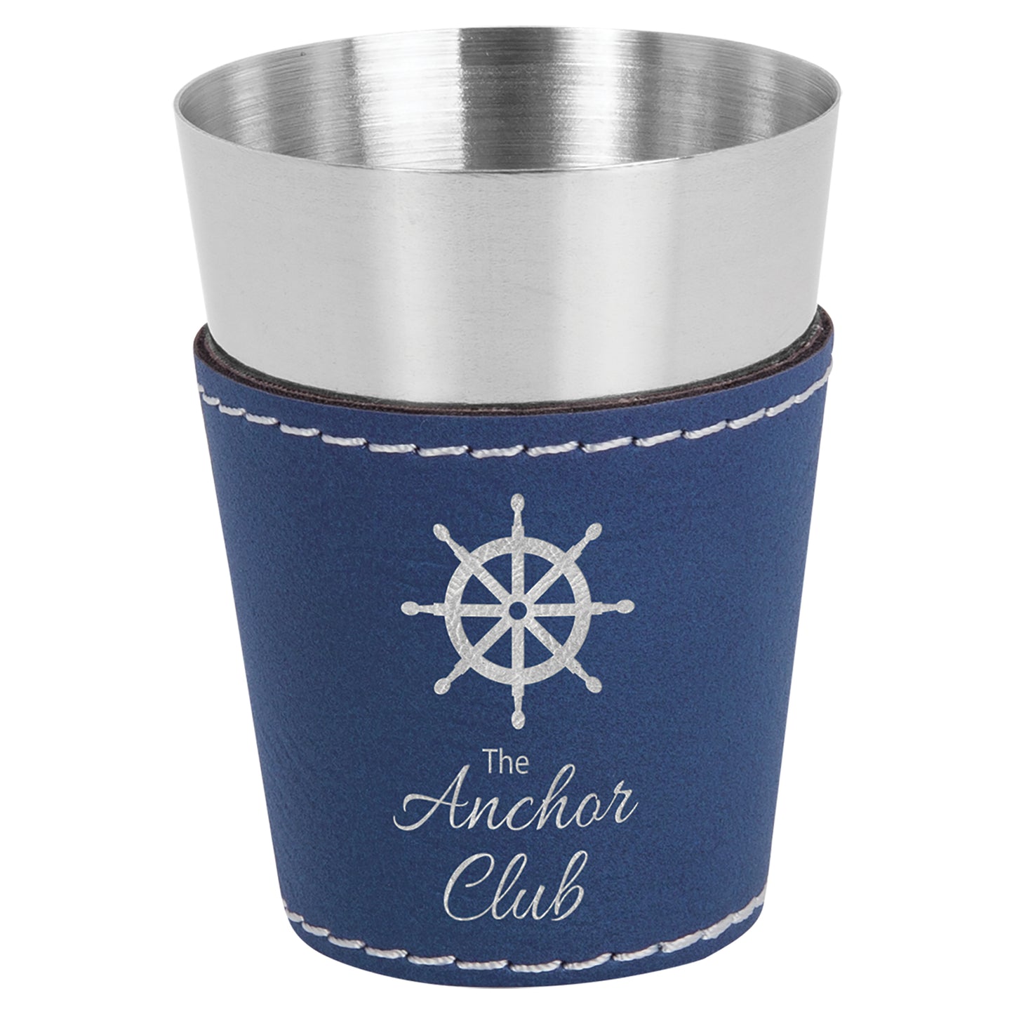 Personalized Laser Engraved  Blue/Silver 2 oz. Leatherette Wrapped Stainless Steel Shot Glass