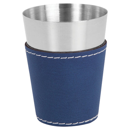 Personalized Laser Engraved  Blue/Silver 2 oz. Leatherette Wrapped Stainless Steel Shot Glass