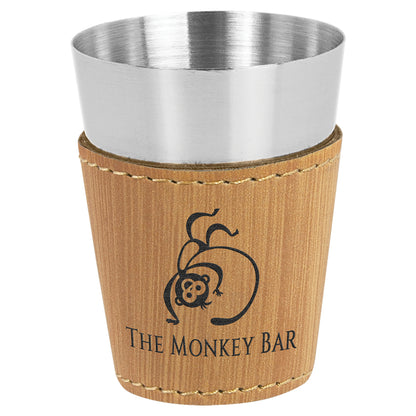 Personalized Laser Engraved  Bamboo 2 oz. Leatherette Wrapped Stainless Steel Shot Glass