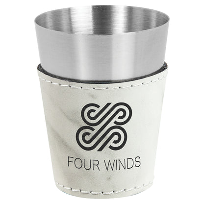 Personalized Laser Engraved  White Marble 2 oz. Leatherette Wrapped Stainless Steel Shot Glass