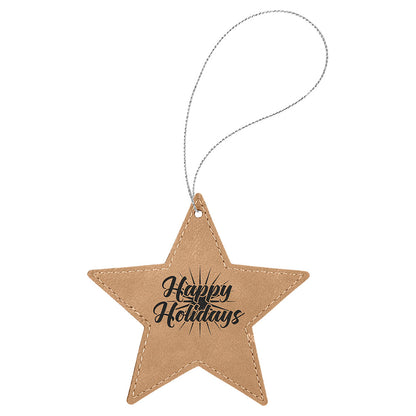 Personalized Laser Engraved Light Brown  Leatherette Star Ornament with Gold String