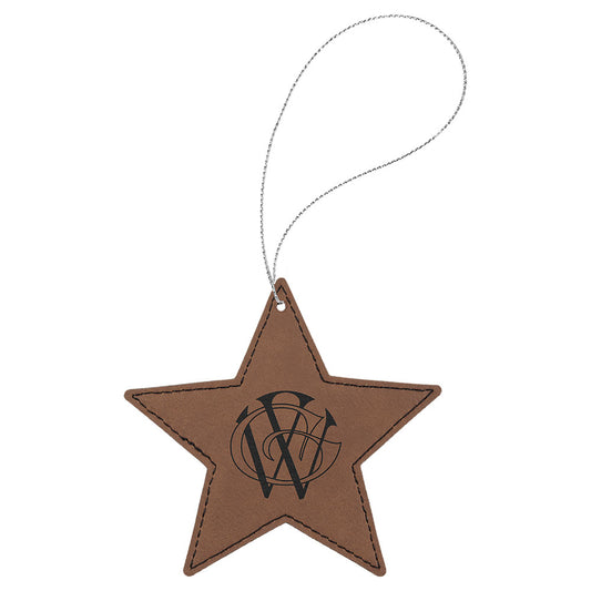 Personalized Laser Engraved Dark Brown  Leatherette Star Ornament with Gold String