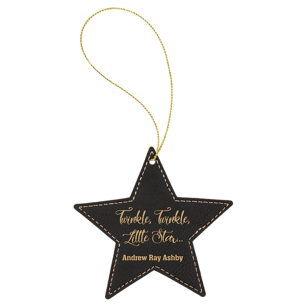 Personalized Laser Engraved Black/Gold  Leatherette Star Ornament with Gold String