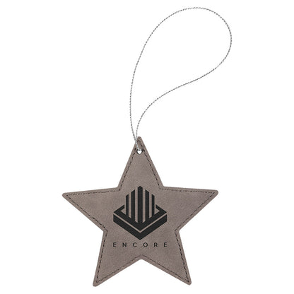 Personalized Laser Engraved Gray  Leatherette Star Ornament with Gold String