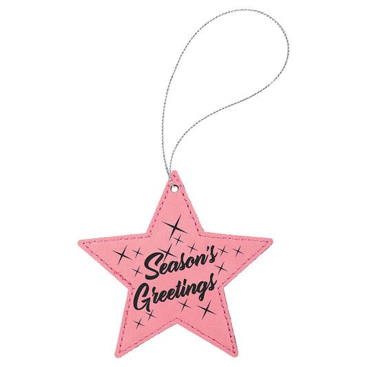 Personalized Laser Engraved Pink  Leatherette Star Ornament with Gold String