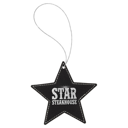 Personalized Laser Engraved Black/Silver  Leatherette Star Ornament with Silver String