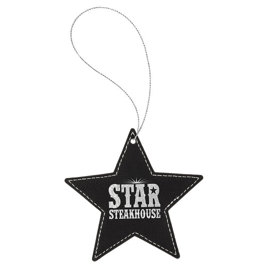 Personalized Laser Engraved Black/Silver  Leatherette Star Ornament with Silver String