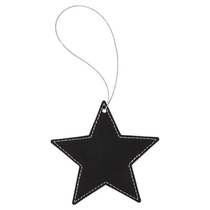 Personalized Laser Engraved Black/Silver  Leatherette Star Ornament with Silver String