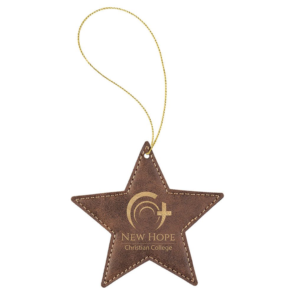 Personalized Laser Engraved Rustic/Gold  Leatherette Star Ornament with Gold String