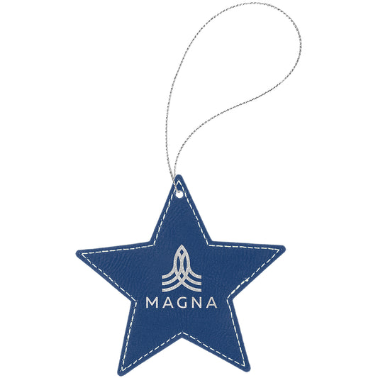 Personalized Laser Engraved Blue/Silver  Leatherette Star Ornament with Silver String