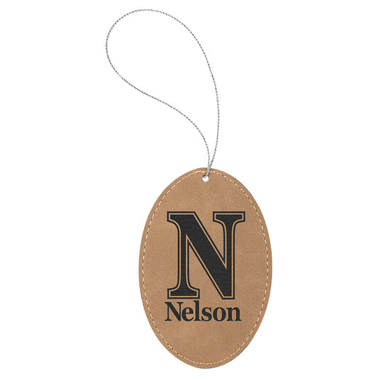 Personalized Laser Engraved Light Brown  Leatherette Oval Ornament with Gold String