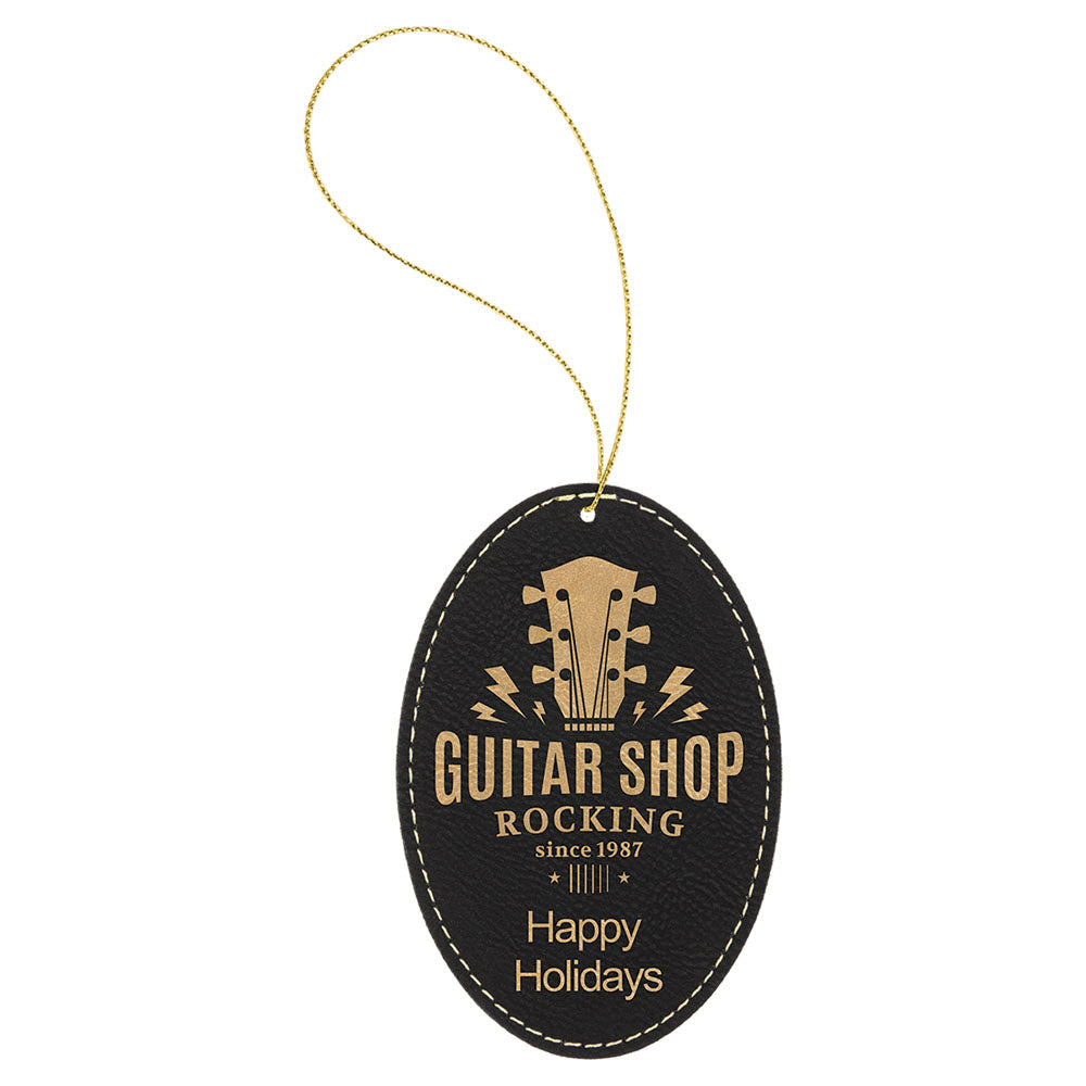 Personalized Laser Engraved Black/Gold  Leatherette Oval Ornament with Gold String