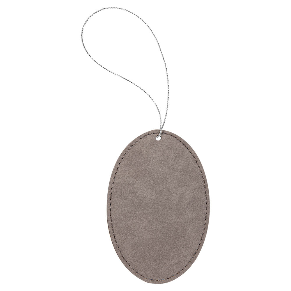 Personalized Laser Engraved Gray  Leatherette Oval Ornament with Gold String