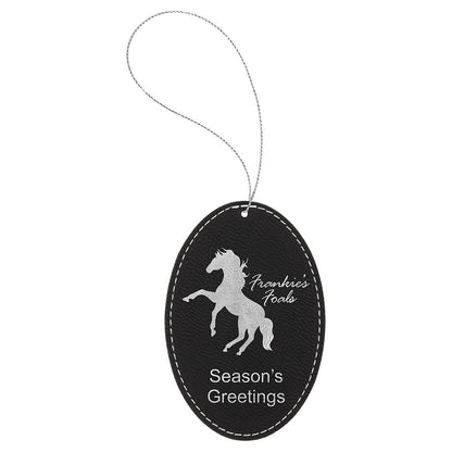 Personalized Laser Engraved Black/Silver  Leatherette Oval Ornament with Silver String