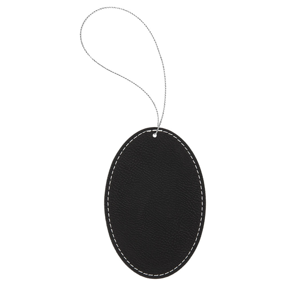 Personalized Laser Engraved Black/Silver  Leatherette Oval Ornament with Silver String