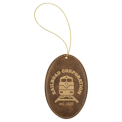 Personalized Laser Engraved Rustic/Gold  Leatherette Oval Ornament with Gold String