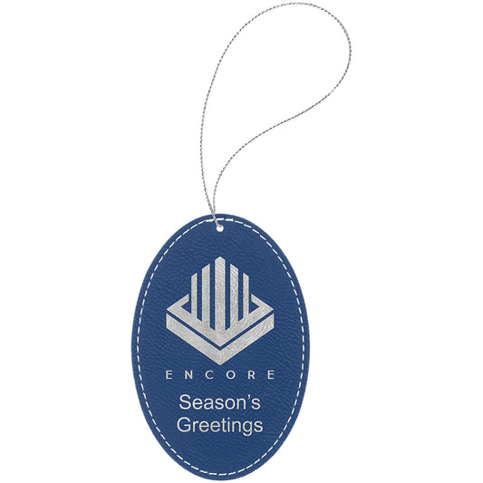 Personalized Laser Engraved Blue/Silver  Leatherette Oval Ornament with Silver String