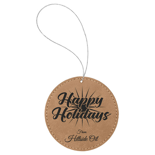 Personalized Laser Engraved Light Brown  Leatherette Round Ornament with Gold String