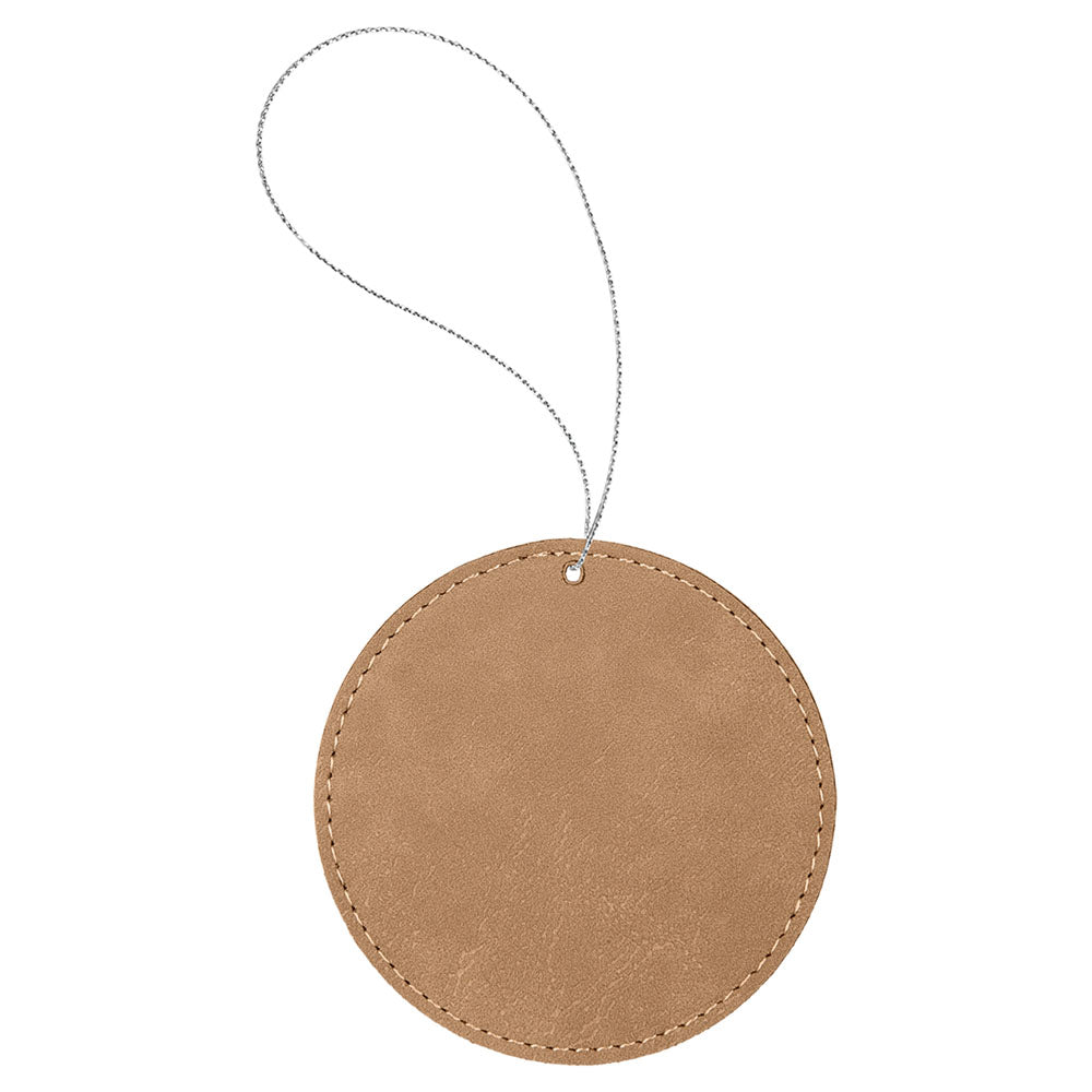 Personalized Laser Engraved Light Brown  Leatherette Round Ornament with Gold String