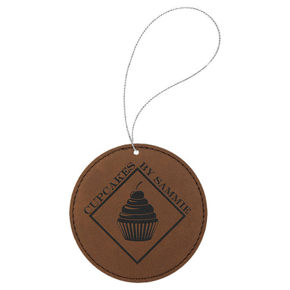 Personalized Laser Engraved Dark Brown  Leatherette Round Ornament with Gold String