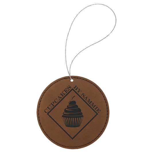 Personalized Laser Engraved Dark Brown  Leatherette Round Ornament with Gold String