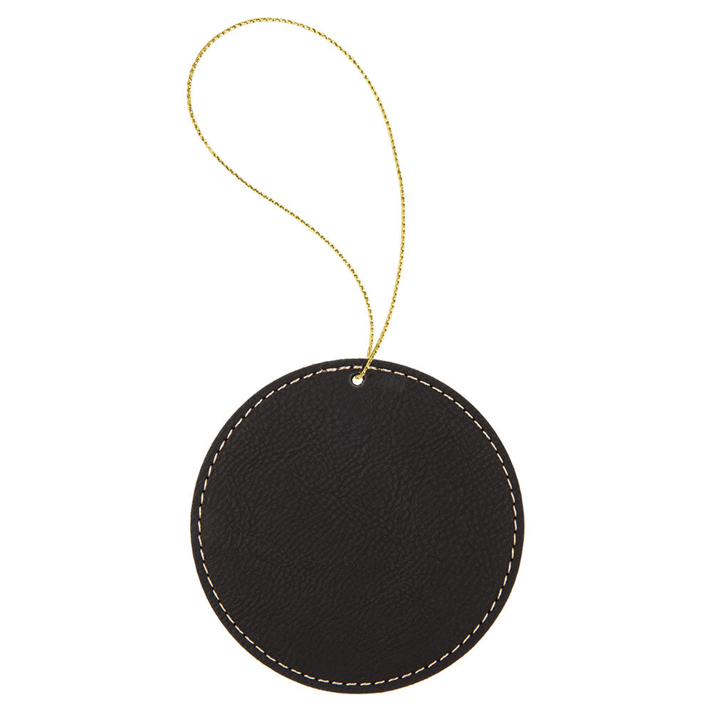 Personalized Laser Engraved Black/Gold  Leatherette Round Ornament with Gold String