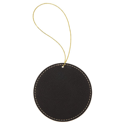 Personalized Laser Engraved Black/Gold  Leatherette Round Ornament with Gold String