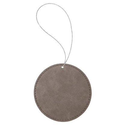 Personalized Laser Engraved Gray  Leatherette Round Ornament with Gold String