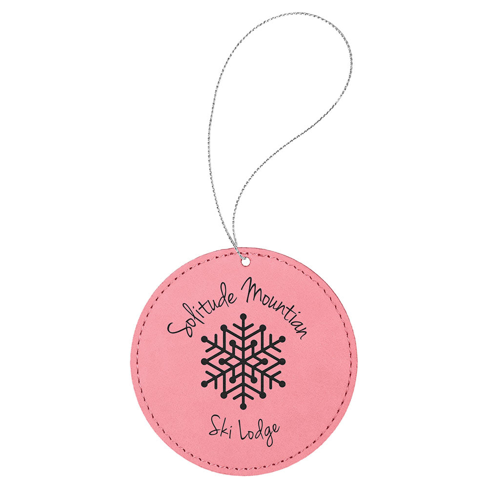 Personalized Laser Engraved Pink  Leatherette Round Ornament with Gold String