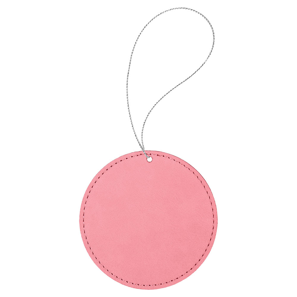 Personalized Laser Engraved Pink  Leatherette Round Ornament with Gold String