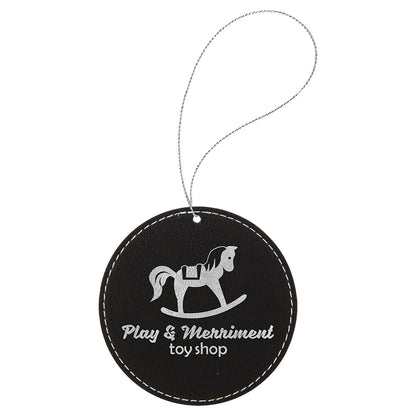 Personalized Laser Engraved Black/Silver  Leatherette Round Ornament with Silver String