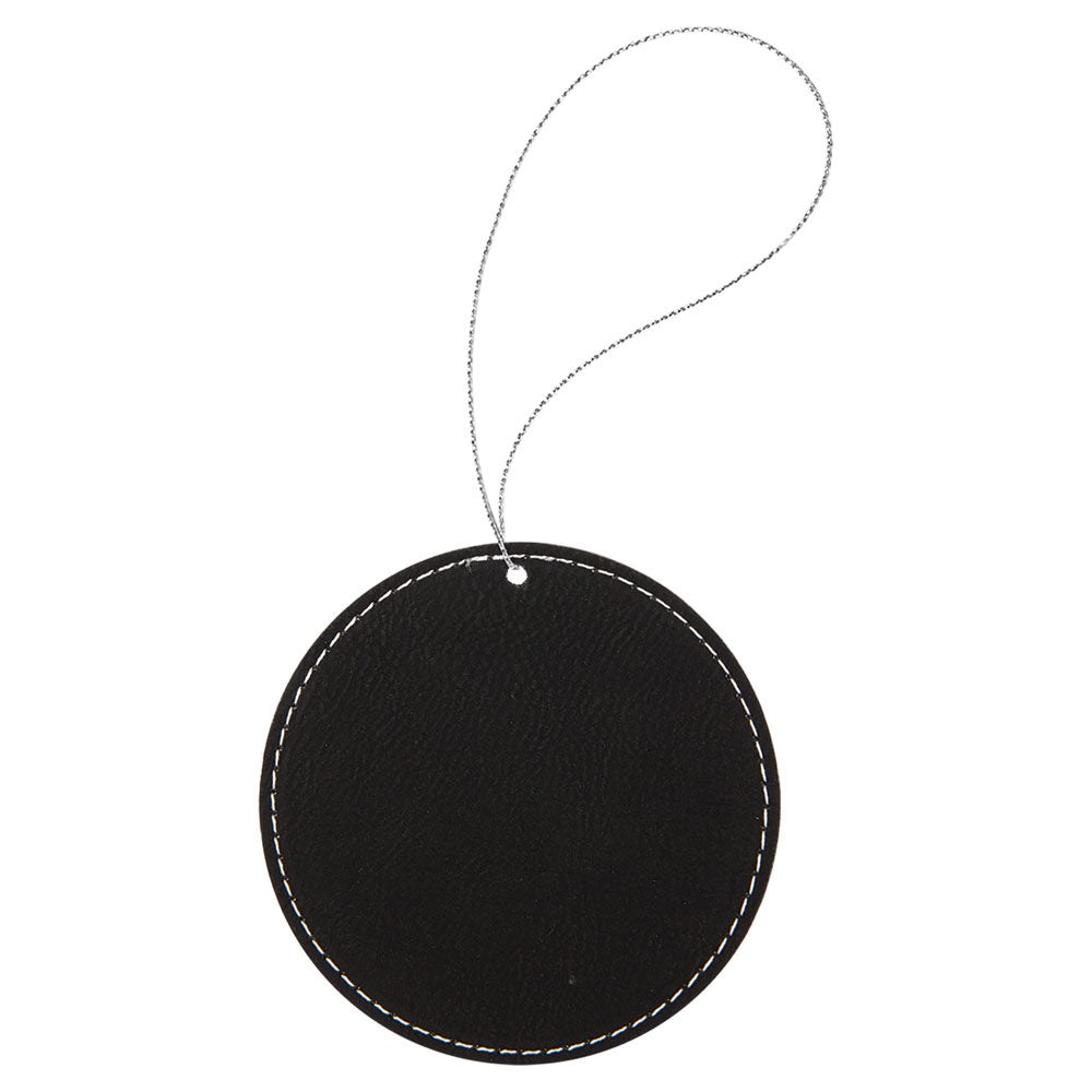 Personalized Laser Engraved Black/Silver  Leatherette Round Ornament with Silver String