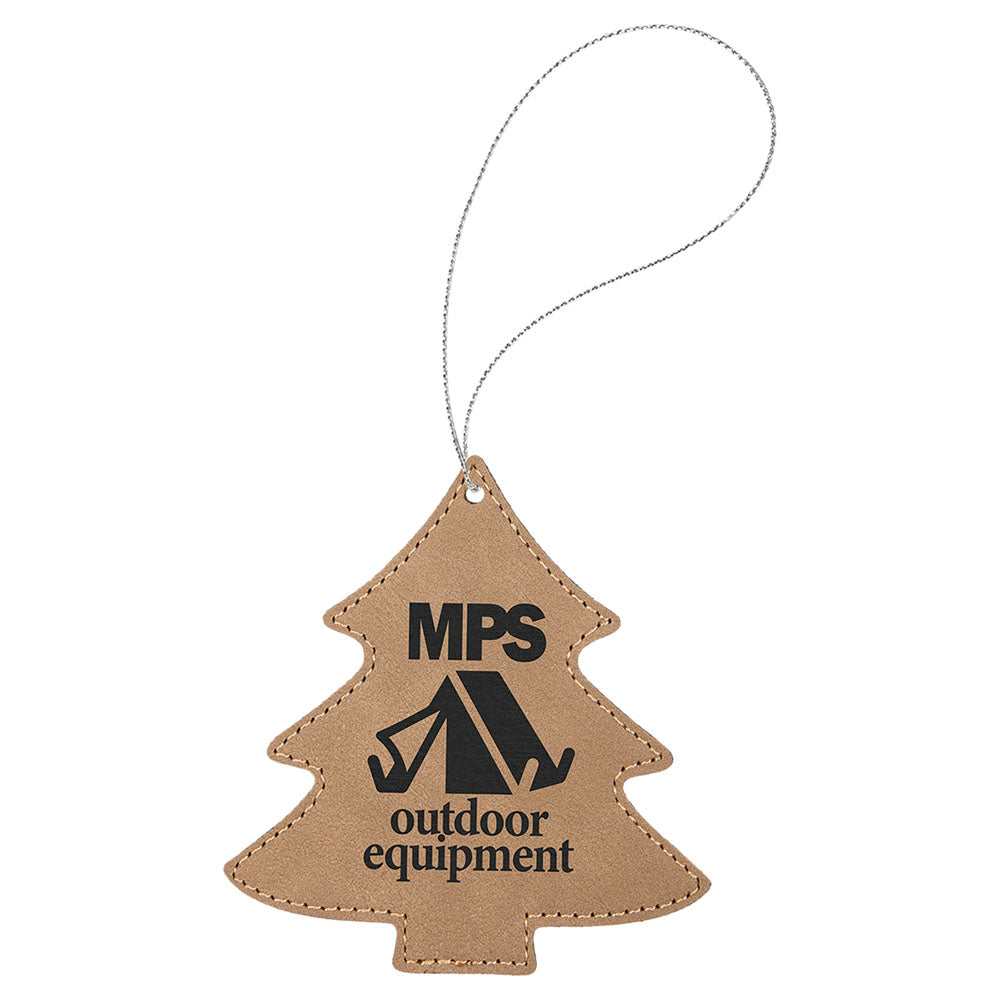 Personalized Laser Engraved Light Brown  Leatherette Tree Ornament with Gold String