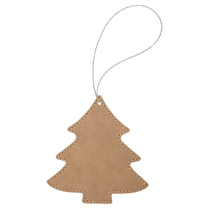 Personalized Laser Engraved Light Brown  Leatherette Tree Ornament with Gold String