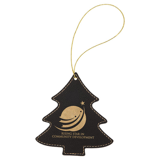 Personalized Laser Engraved Black/Gold  Leatherette Tree Ornament with Gold String