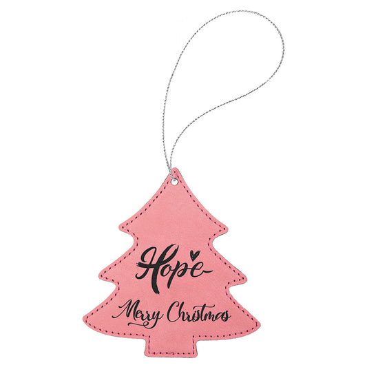 Personalized Laser Engraved Pink  Leatherette Tree Ornament with Gold String