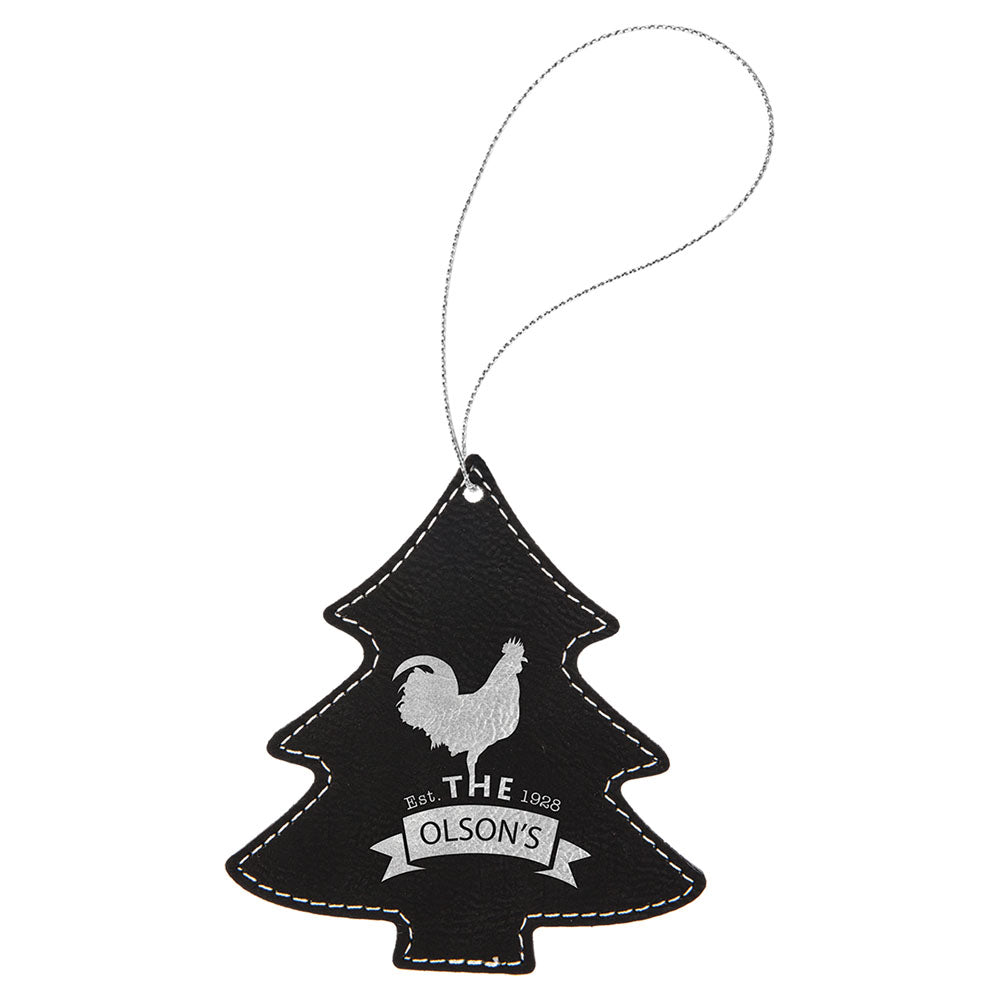 Personalized Laser Engraved Black/Silver  Leatherette Tree Ornament with Silver String