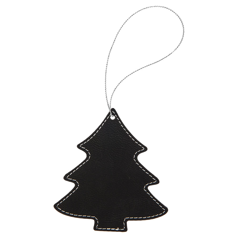 Personalized Laser Engraved Black/Silver  Leatherette Tree Ornament with Silver String